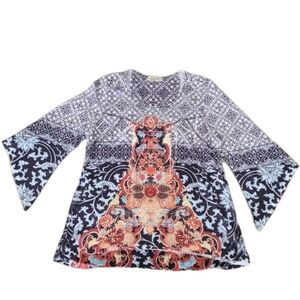 One World Women's Size Small Top Tunic Boho Blouse Hippie Artsy Art Abstract Y2K